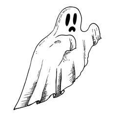 Vector halloween scary ghost. Hand painted linear phantom silhouette illustration. Graphic monochrome spooky monster for tattoo, magical hand painting for holiday, horror. Isolated on backgrou