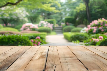 Wooden table with a blurred background of a lush, colorful garden filled with flowers and greenery.