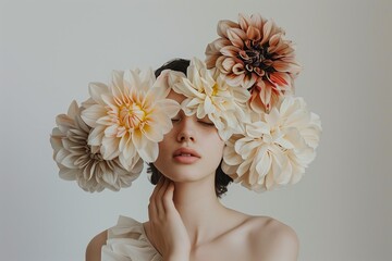 Artistic portrait of a woman with large flowers covering her eyes, captured in a minimalistic studio setting.