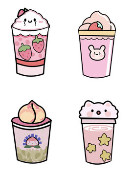 Cute cups of set sticker kawaii icon vector design. Adorable cute ice drinks, with positive emotions, japanese, oriental culture symbol anime
