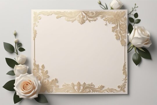 A vintage greeting card with a single white rose and a gold frame perfect for a romantic weeding invitation