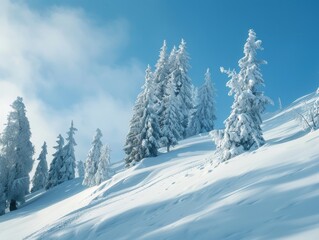 Fototapeta premium Ski, snow slope, look up, snow mountain pine, side look,,Ultra HD, 8K, 