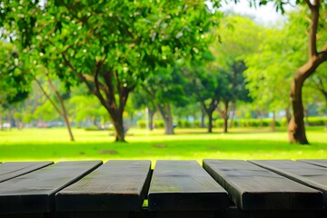 Empty wooden table with a lush, green park background on a bright, sunny day.