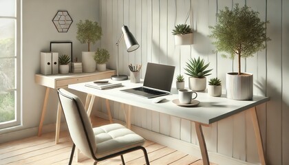 Modern Home Office Interior Design with Plants and Laptop.