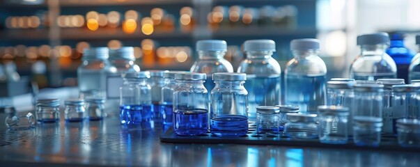 Close-up of several empty glass bottles on a table.