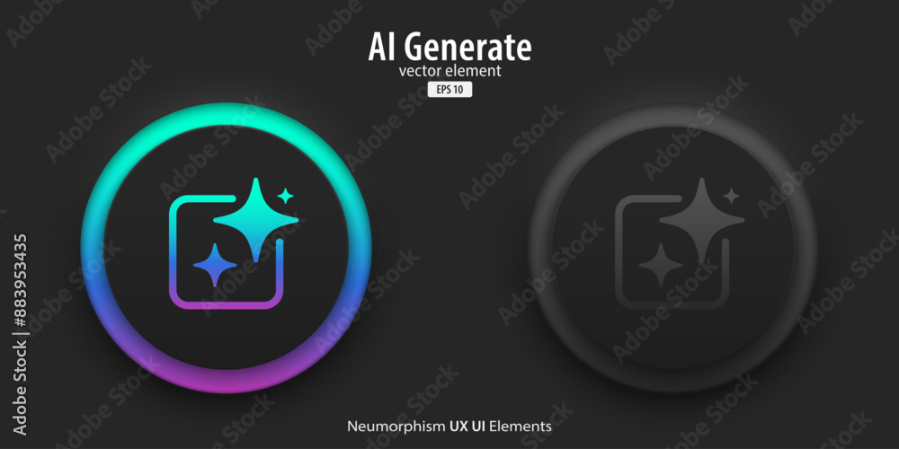 Aufkleber Set of generative AI buttons. Active and inactive buttons with generated icons. Press the button to create ideas. Neumorphism design style for apps, websites, and Interfaces. Vector illustration.