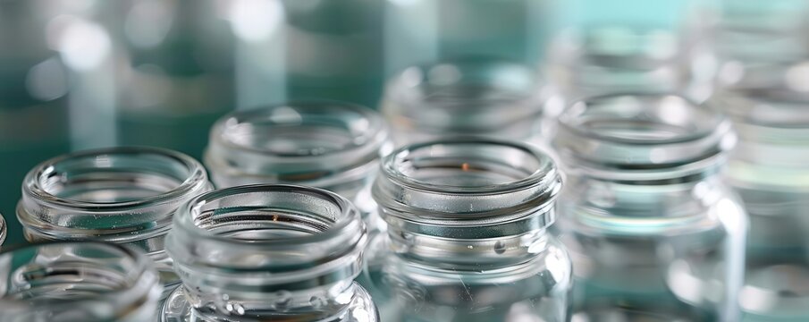 Close-up of several empty glass bottles on a table.