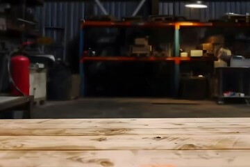 Empty wooden table in a dimly lit workshop, with blurred tools and equipment in the background.