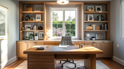 Fototapeta premium A stylish home office with a large wooden desk