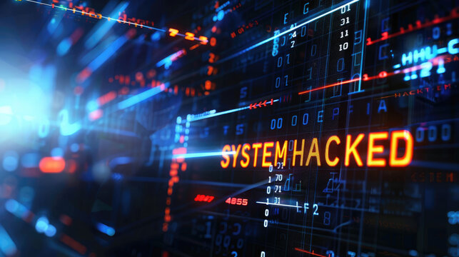 The text "SYSTEM HACKED" was written on a digital screen, against a background of computer code and binary numbers, representing a cyber security concept