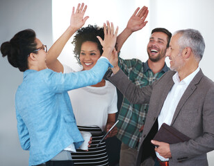 Business, people and high five in office with group, teamwork celebration and employees together...