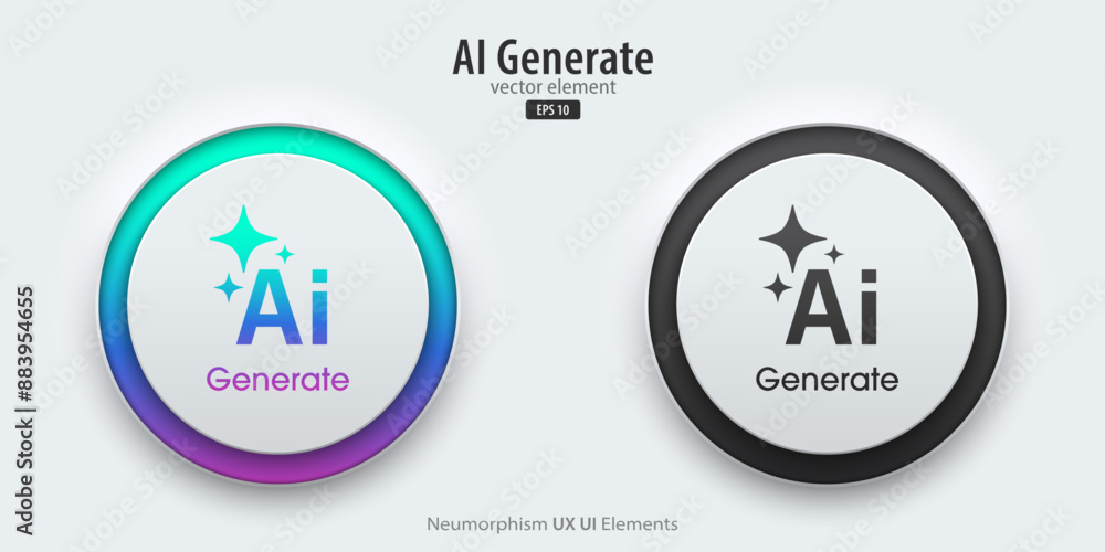 Poster Set of generative AI buttons. Active and inactive buttons with generated icons. Press the button to create ideas. Neumorphism design style for apps, websites, and Interfaces. Vector illustration.