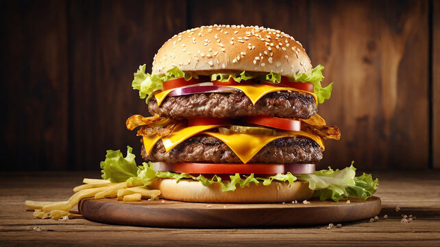 Maxi hamburger with beef meat bun with salad, cheese cheddar and sauce juicy and appetizing.Delicious layered burger