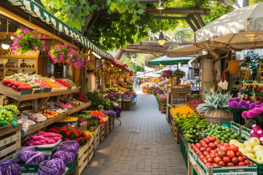 Fototapeta A Vibrant European Market Under A Canopy Of Green