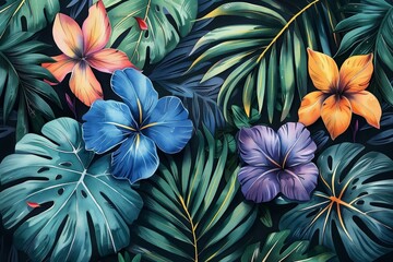 Vibrant Tropical Flower Painting, Watercolor Jungle Scene
