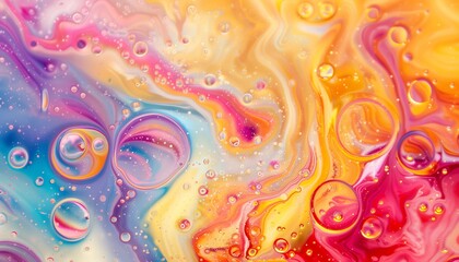 Colorful abstract composition with oil bubbles in water, showcasing vibrant swirls of pink, blue, and yellow hues.