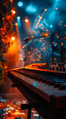 Obraz premium Vibrant Concert Stage with Set of Musical Instruments Focused on Keyboard at Night with Colorful Lighting and Atmospheric Mood