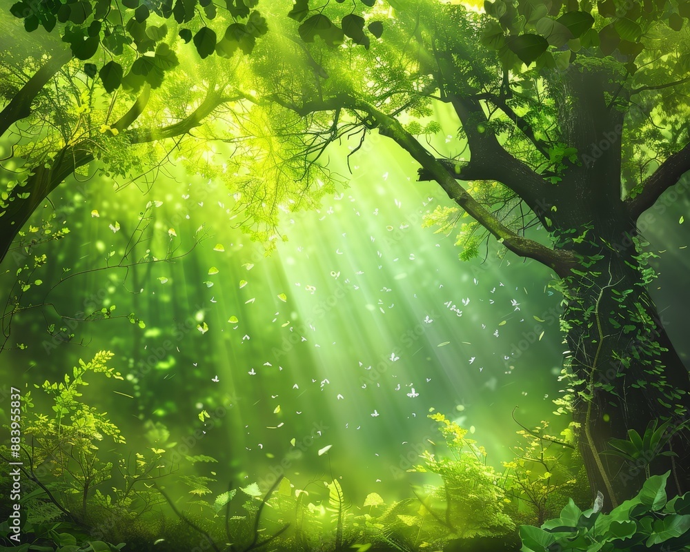 Poster tranquil forest scene with sunlight filtering through lush green canopy, creating a serene setting