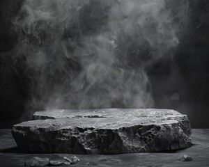 Men s product display podium on dark smoky background  strong and mysterious industrial showcase