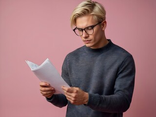 Portrait of a blond man holds and reads documents , pink background with copy space
