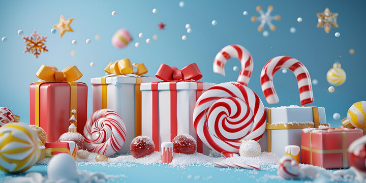   A Red And White Striped Gift Box With Christmas theme Candy and lollipops background and wallpaper, A Group Of Candy Canes Sitting On Top Snow Covered Ground Background
