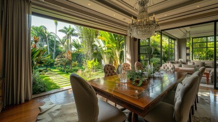 Fototapeta premium An elegant dining room with a long wooden table