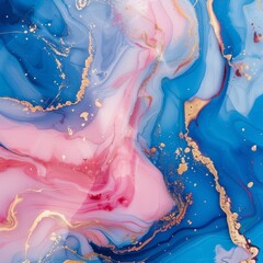 Fototapeta premium Abstract Computer Wallpaper Featuring Pink and Blue Marble Liquid Texture with Golden Splashes, Luxurious Background, AI-Generated 4K HD Wallpaper for Elegant and Modern Design Aesthetics,Decorative p