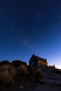 Church under a clear, starlit sky in Tekapo, Canterbury, New Zealand.