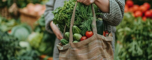 a close-up of a hand carrying a reusable grocery bag full with fresh produce to demonstrate environmentally responsible shopping practices.