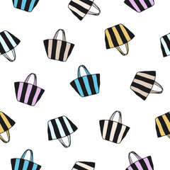 Seamless pattern of striped tote bags in various colors on white background