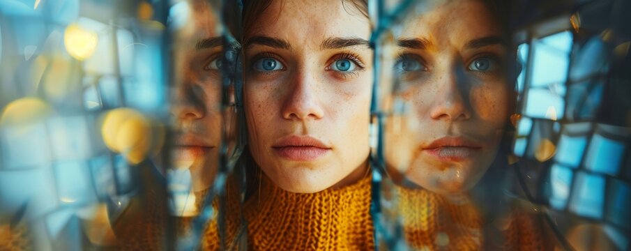 Woman surrounded by mirrors reflecting negative phrases, self sabotage, mental health