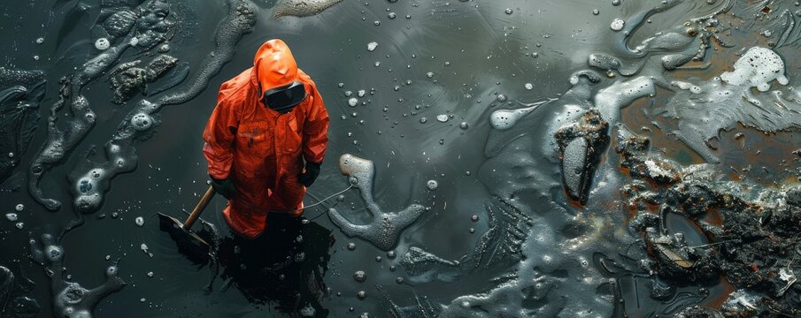 Worker cleaning up oil spill with toxic materials, environmental disaster, pollution control --ar 5:2 --stylize 250 Job ID: c4c14e1f-d31e-40c1-82ec-01440ada8ccc
