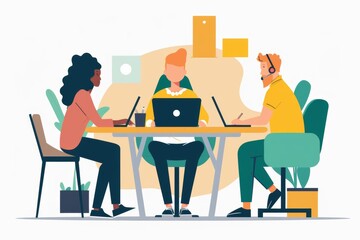 illustration showing team members participating in a virtual meeting via video call, symbolizing remote collaboration and digital communication.