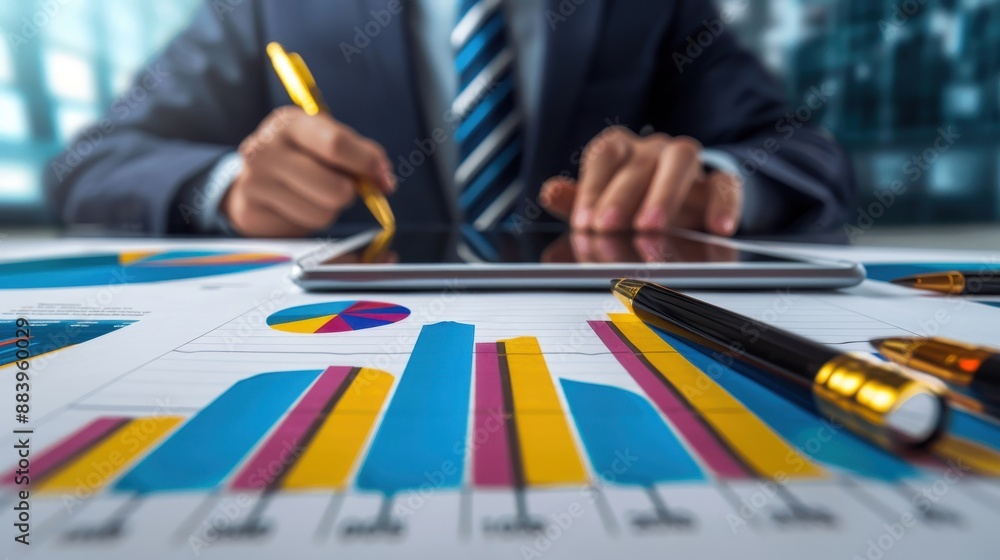 Poster businessman analyzing financial data on a tablet with bar graphs, pie charts, and reports in a moder