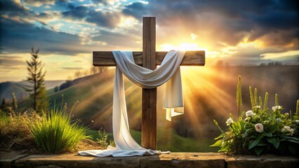 Rustic wooden cross with white cloth stands on stone ledge at sunset with hill in background