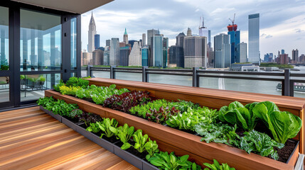 Fototapeta premium Urban rooftop garden with lush green plants in wooden planters overlooking a city skyline with skyscrapers during the daytime.