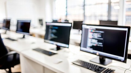 Coding Workspace Blur - Blurred view of a coding or programming workspace with computers and code on screens.
