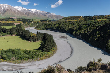 View of the Rakaia River running through the Rakaia Gorge, Canterbury, New Zealand. The Mount Hutt...