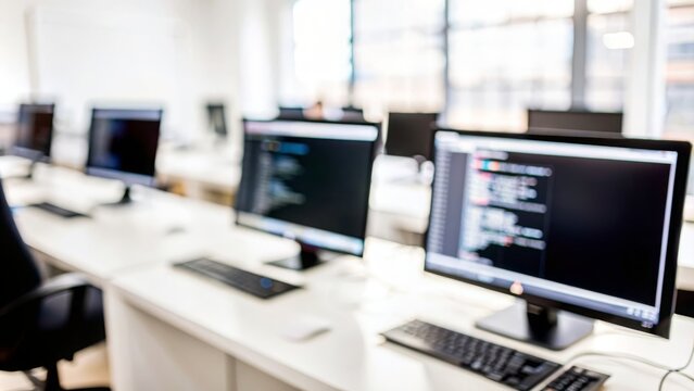 Coding Workspace Blur - Blurred view of a coding or programming workspace with computers and code on screens.
