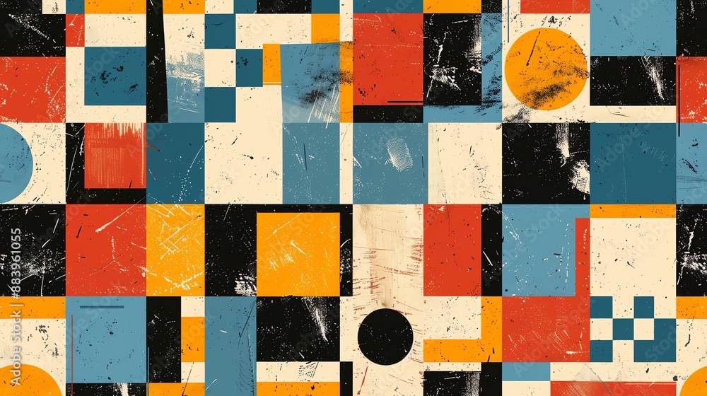 Poster a geometric pattern with squares and circles in different colors with a vintage texture.