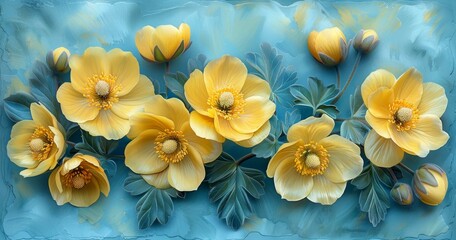 Fototapeta premium Beautiful Yellow Flowers in Blue Vase, Artistic Wall Decoration
