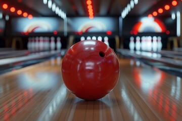 Close-up of a red bowling ball in a modern bowling alley. Suitable for sports and recreation imagery.