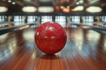 Red bowling ball positioned on a sleek alley, ready for action. Ideal for visuals on sports, competition, and recreation.