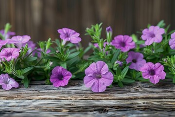Purple Flower Garden, Blooming Floral Arrangement on Wooden Surface