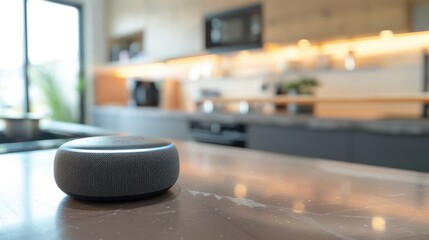 Close-up of a voice-activated smart home assistant device on a countertop.
