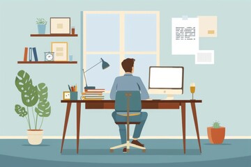 illustration depicting telecommuting, with an employee working from home, showcasing remote work and digital connectivity.