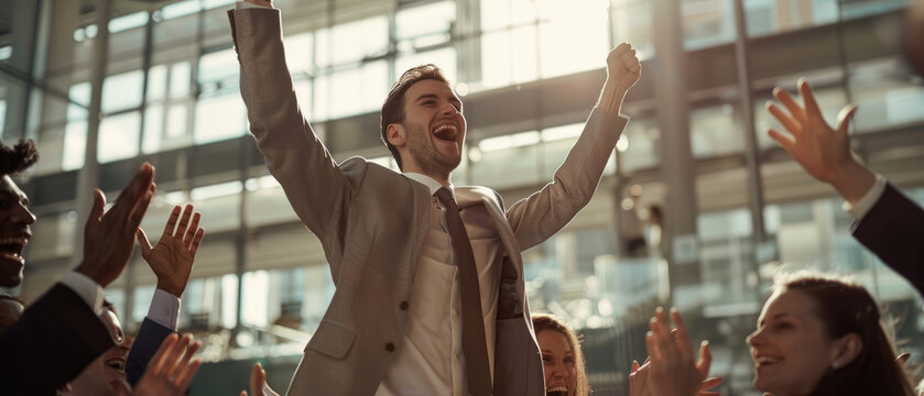 A young man is cheering while celebrating victory among a group of office workers clapping around him, inside the modern open space during the daytime