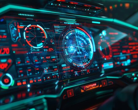 Futuristic low poly wireframe car dashboard concept with fui and gui diagnostics