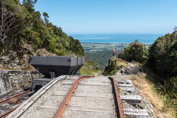 The top of the Denniston Incline (1879). This track was used to transport coal from the mines down to the coast.