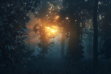 Fototapeta premium The mystical atmosphere of a forest at twilight, with soft, diffused light